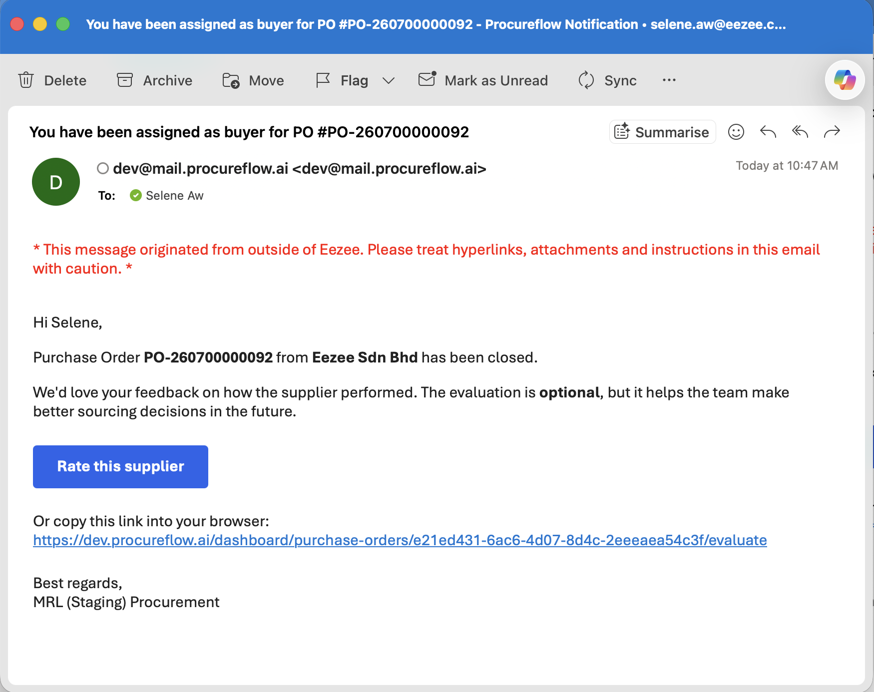 PO closed notification email with Rate this supplier button