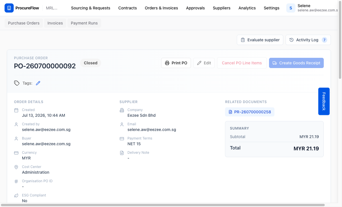 Closed PO with Evaluate supplier button
