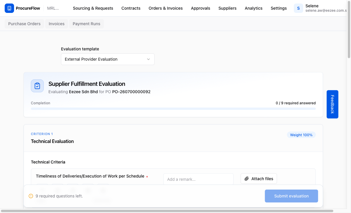 Evaluation form with rating questions
