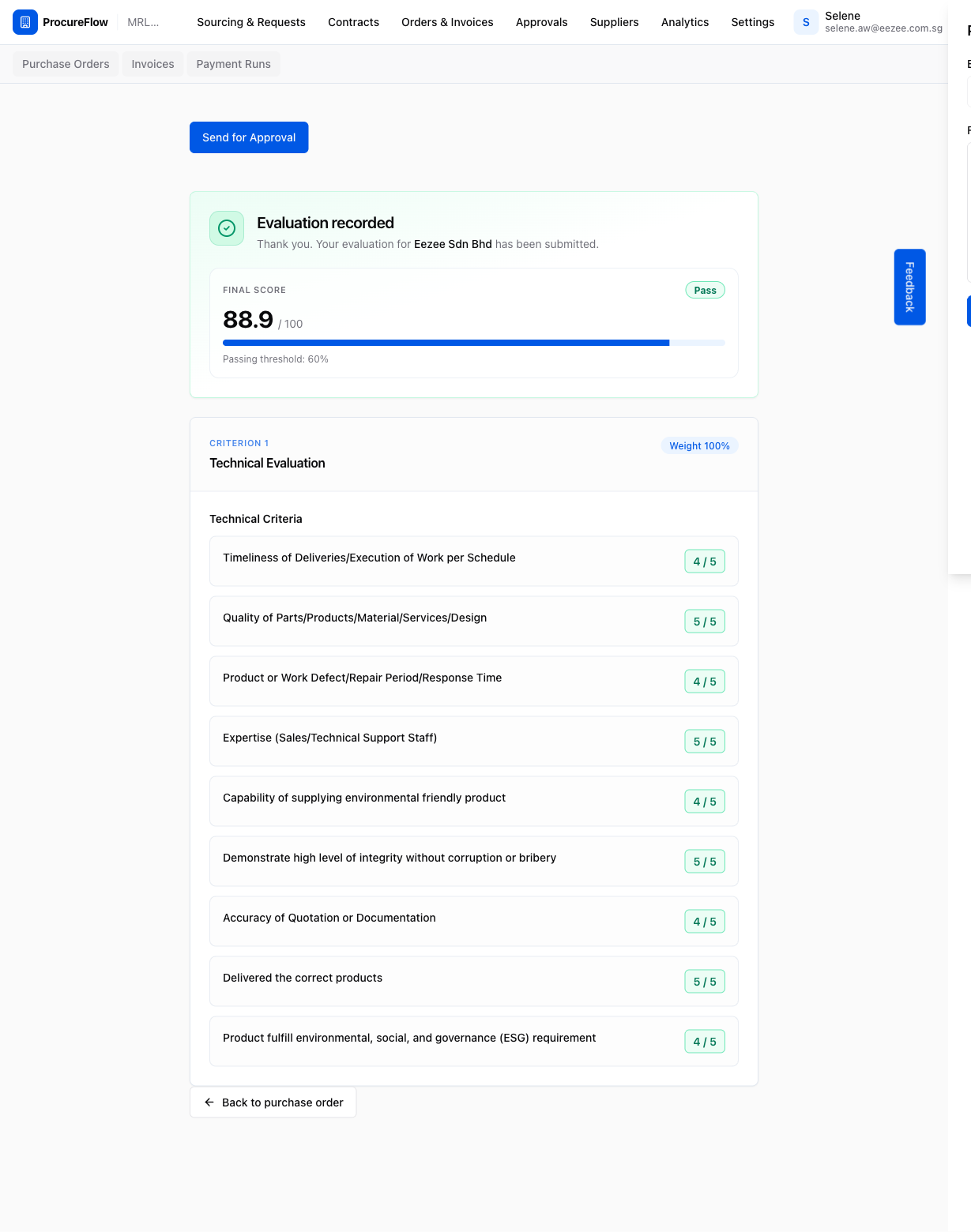 Completed evaluation summary with score