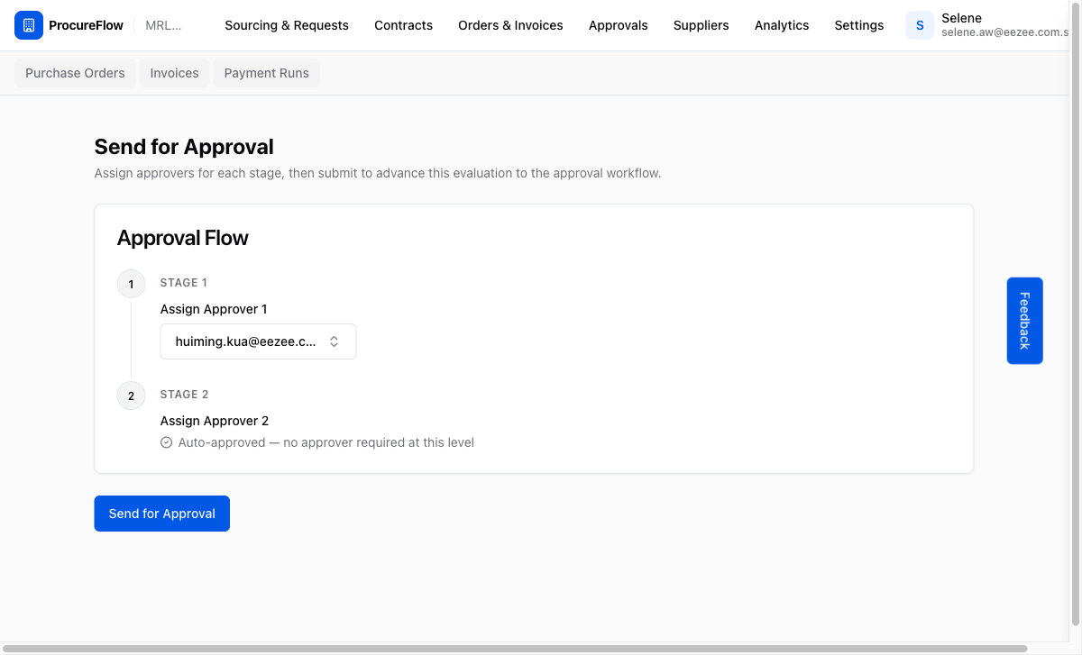 Send for Approval with approver selected