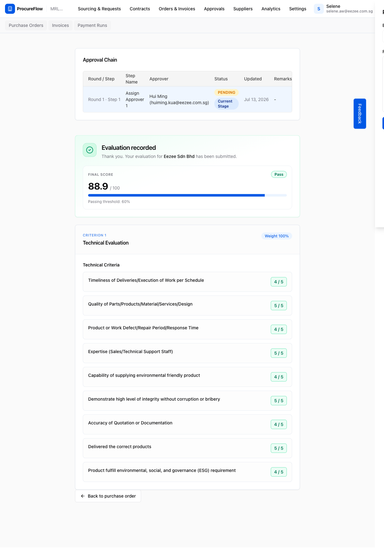 Evaluation in Pending Approval state with approval chain