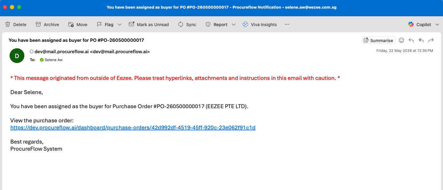 System email notifying you that a PO requires an Organisation PO ID: click the link to open the PO directly.