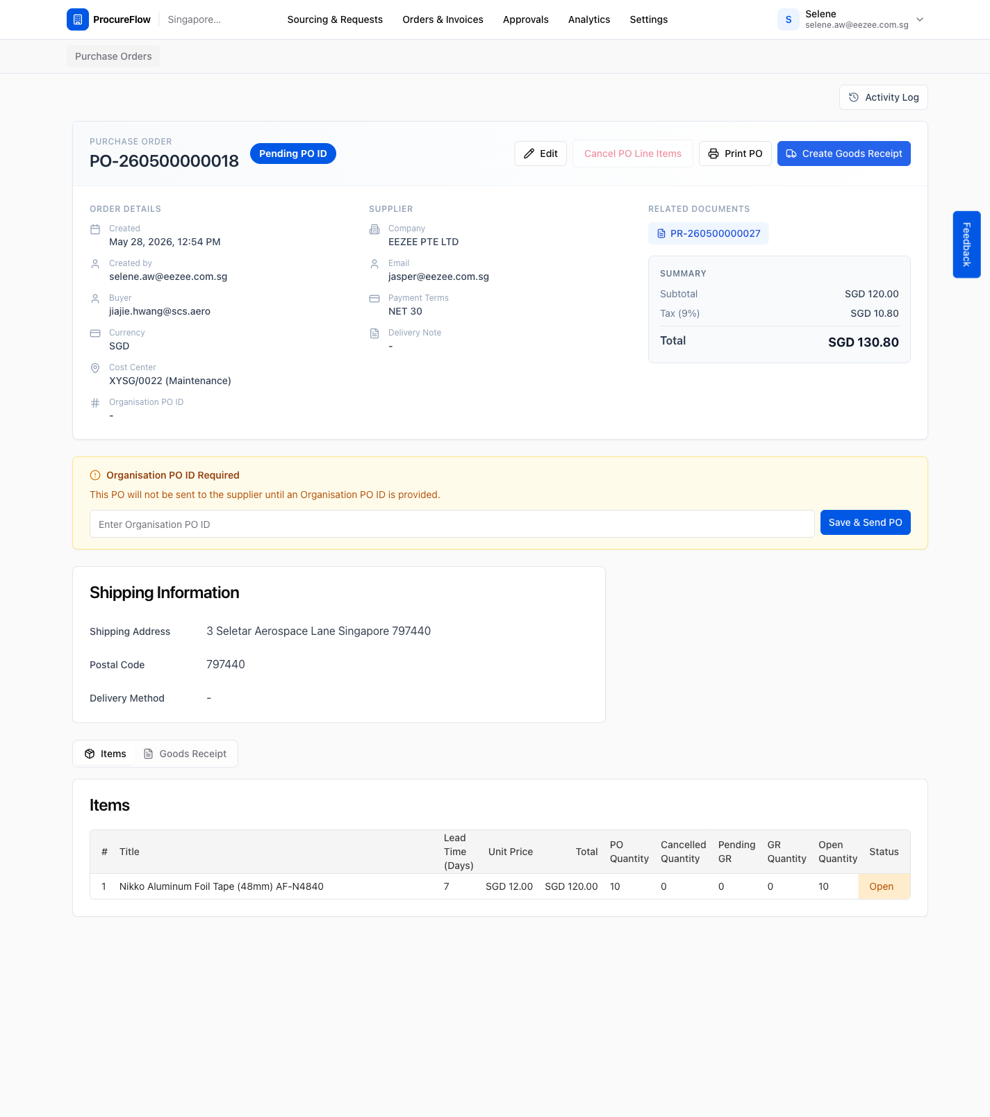 PO detail page with 'Organisation PO ID Required' banner: supplier, line items, and totals visible