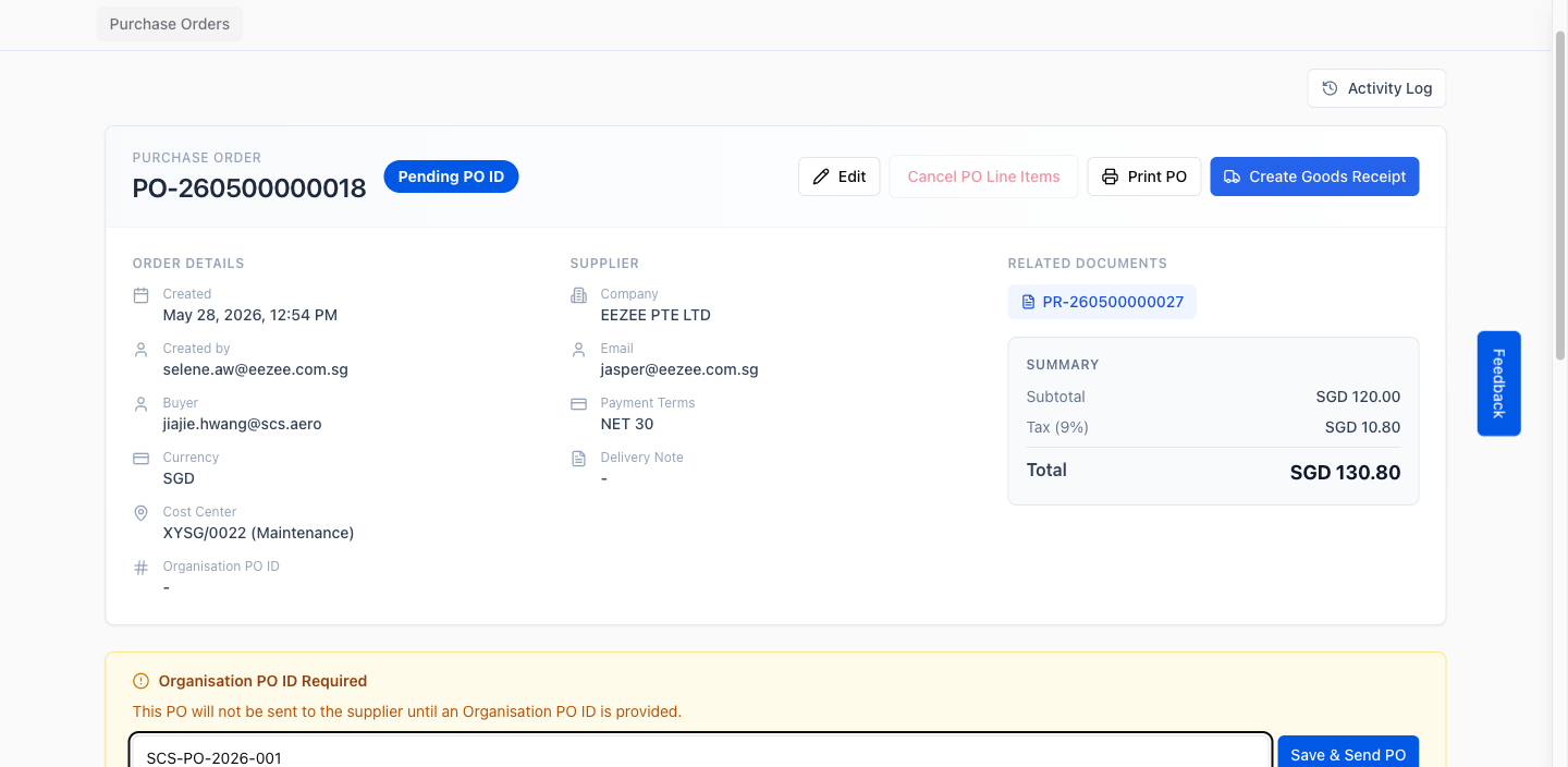 Organisation PO ID entered: ready to send to supplier
