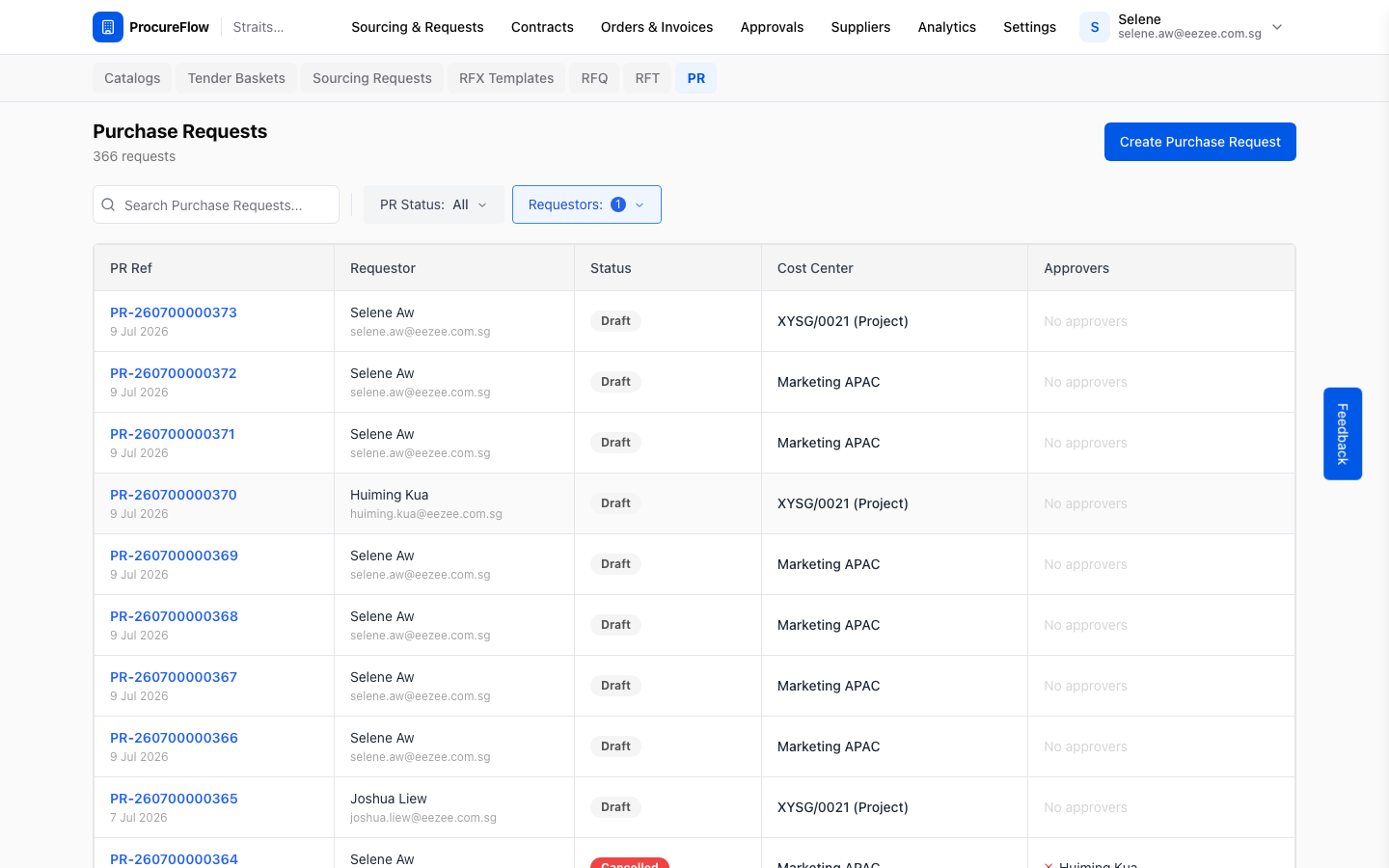 Step 1 – The Purchase Requests list, showing status and approver columns