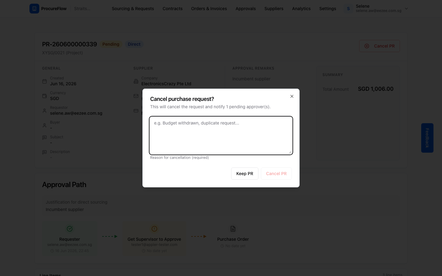 Step 3 – The confirmation dialog shows the impact summary and prompts for a reason.