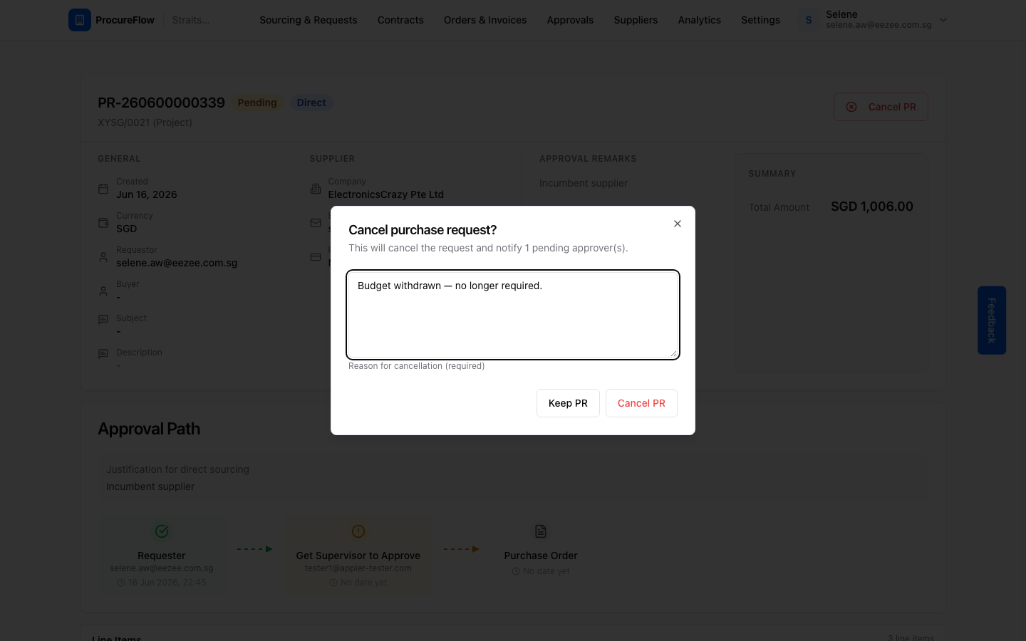 Step 4 – Enter a reason before the Cancel PR button becomes active.