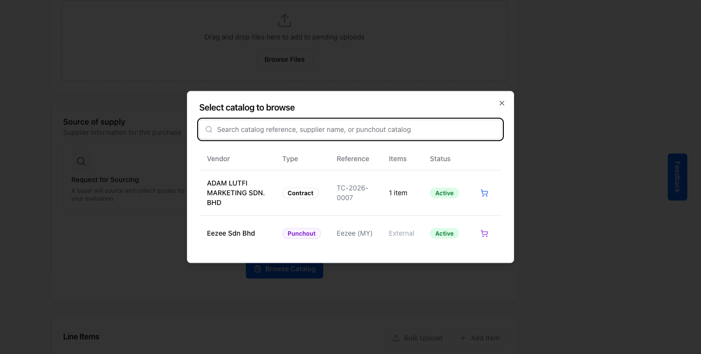 Catalog browse dialog showing available contracts