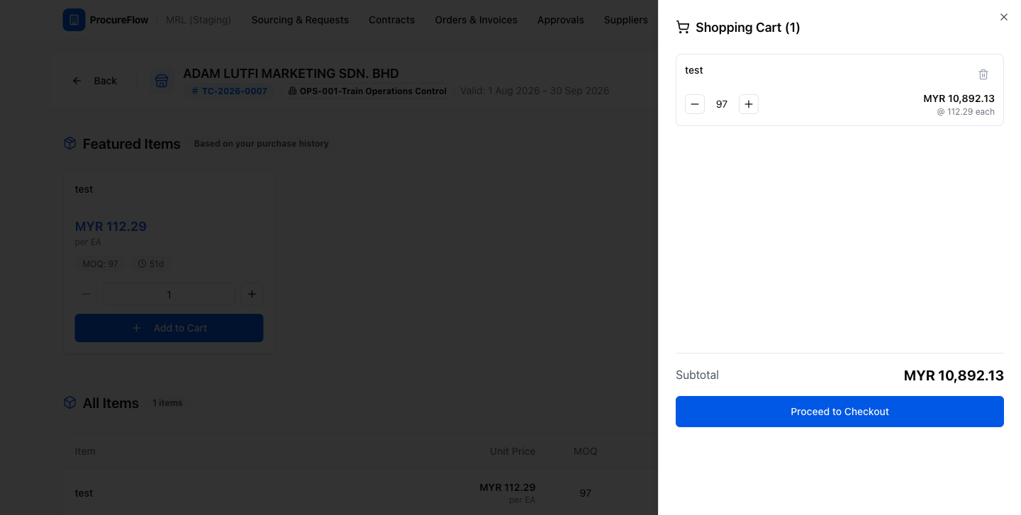Cart open with item summary and subtotal