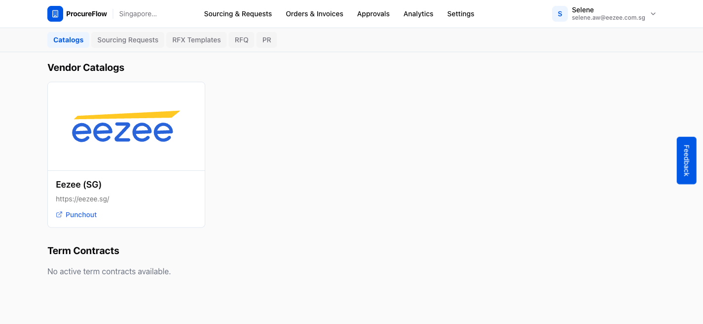 Sourcing & Requests → Catalogs page showing available catalog integrations