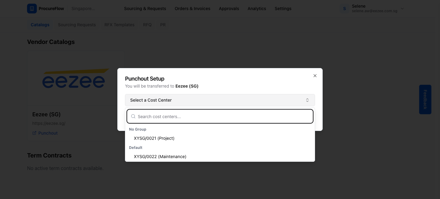 Punchout Setup dialog: appears when you click the Eezee catalog card