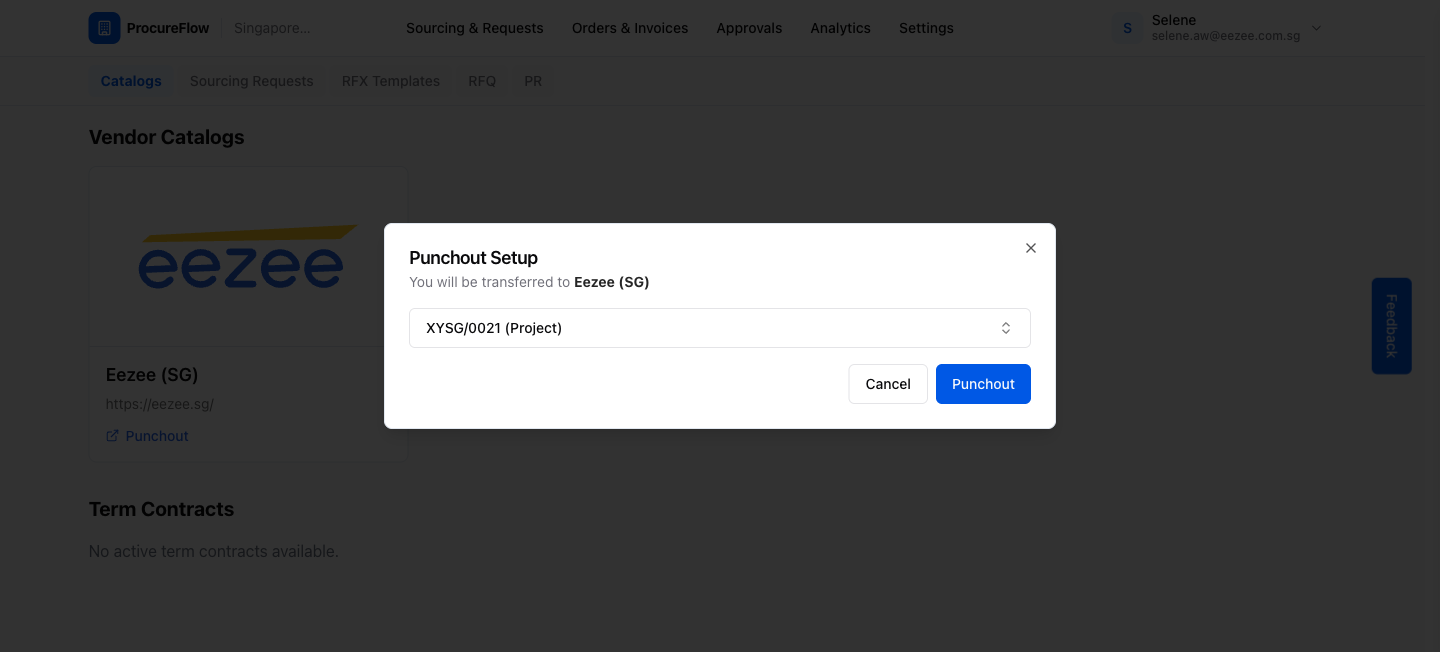 Cost center selected: click Punchout to launch Eezee