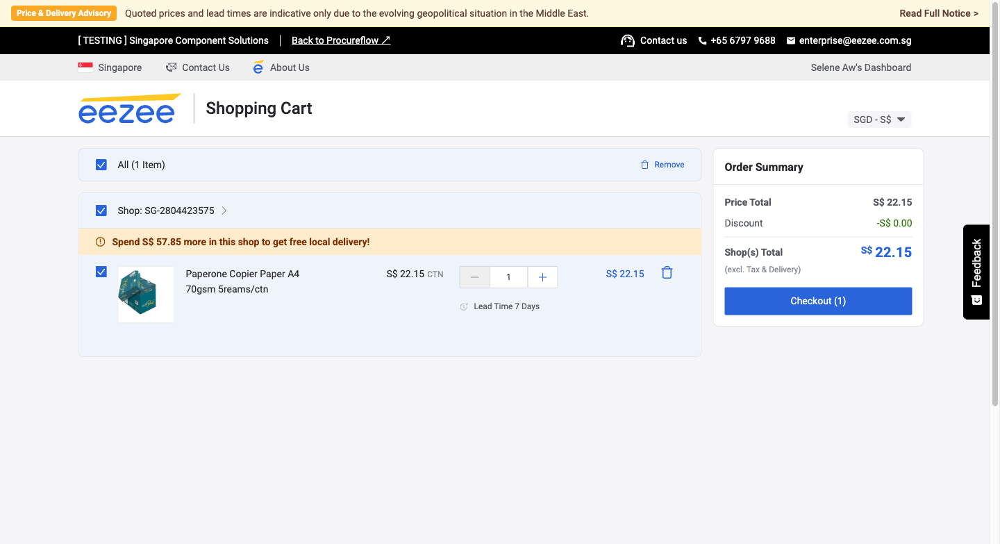Shopping Cart page: 1 item added, Order Summary shows SGD 22.15, Checkout button on the right