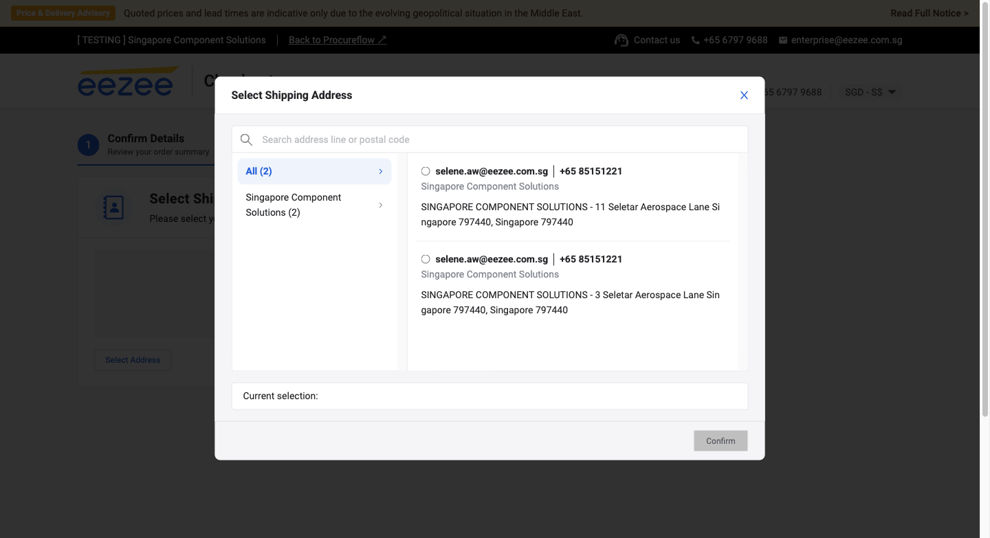 Select Shipping Address dialog: lists all shipping addresses configured for your organisation