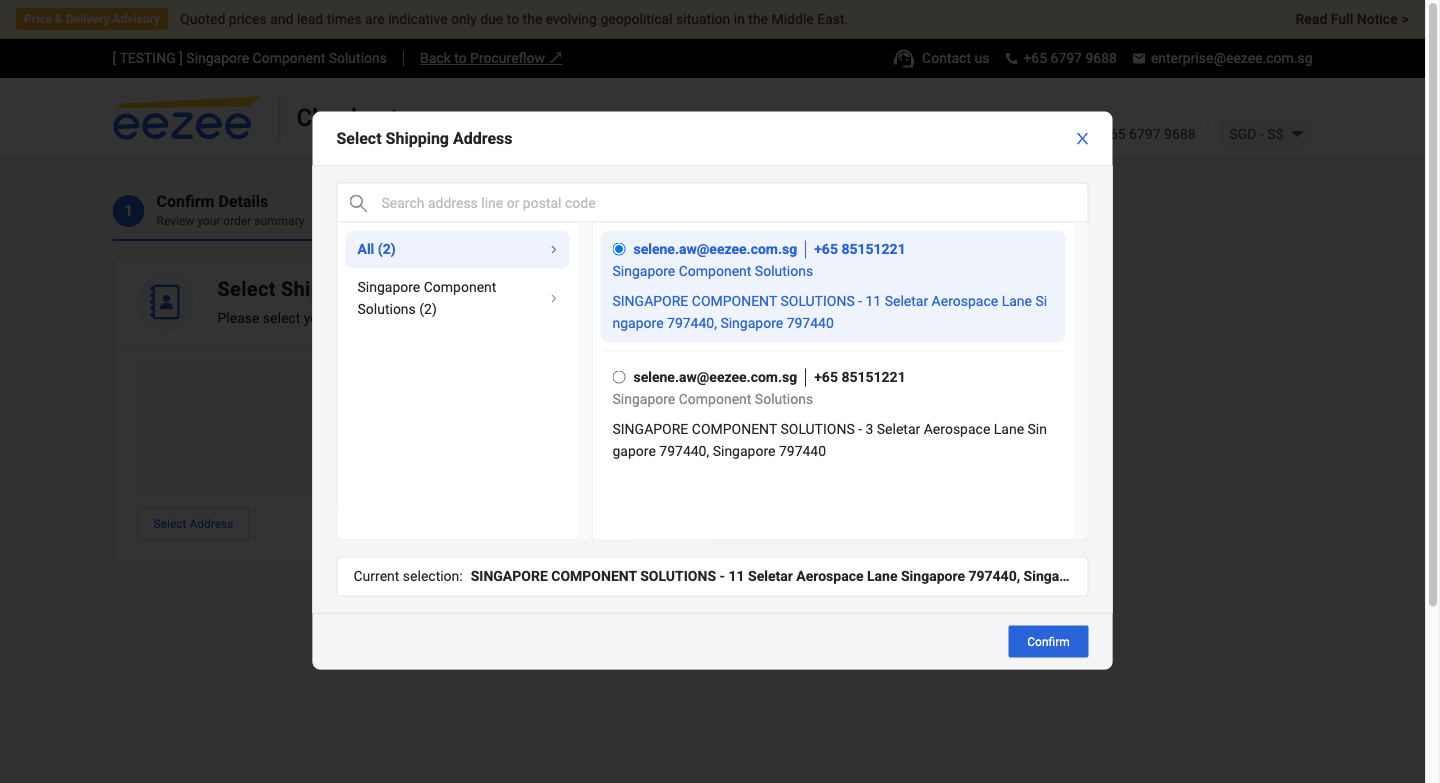 Shipping address selected: Current selection shown, click Confirm to proceed