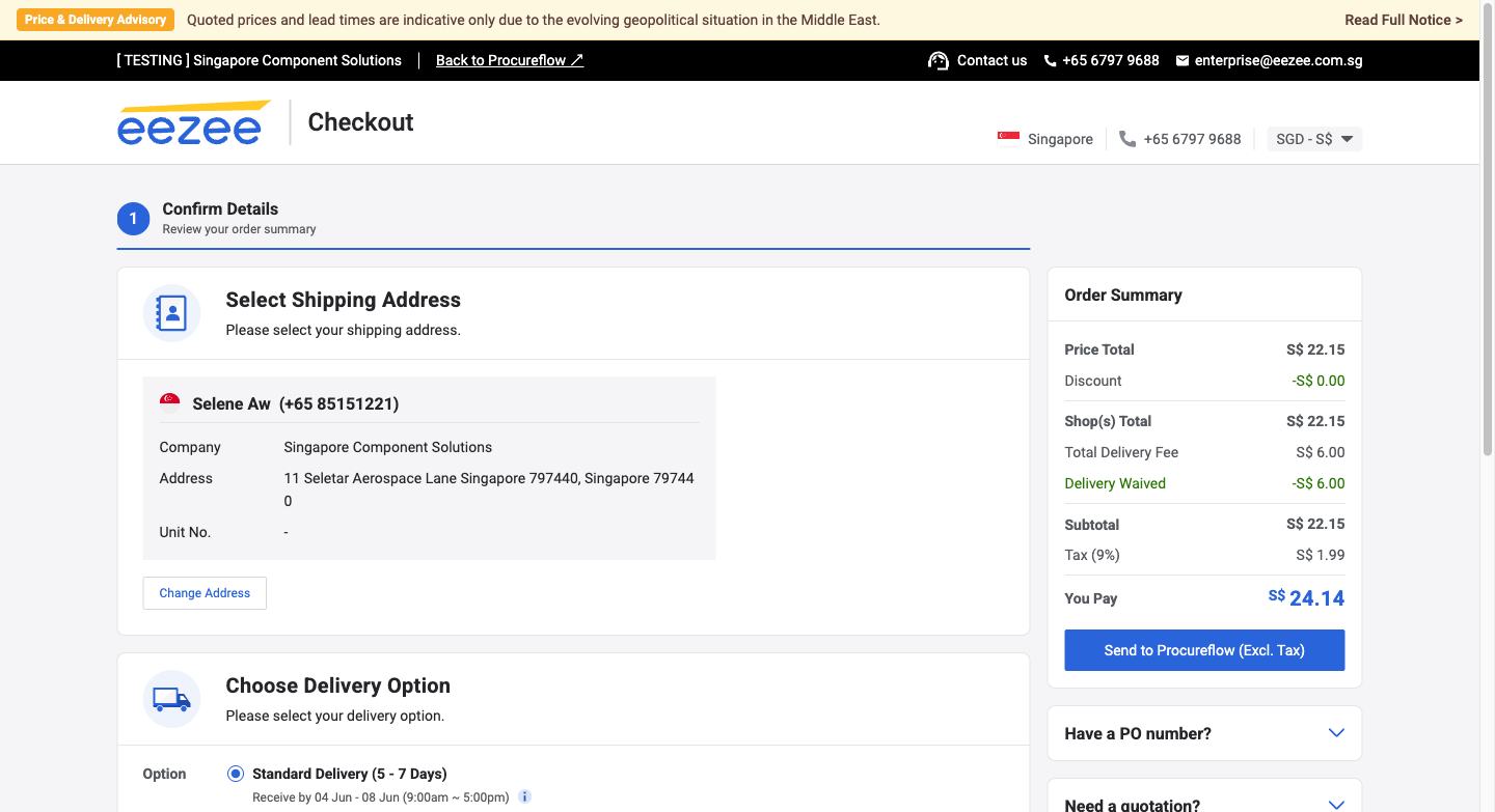 Checkout page: shipping address confirmed, Send to Procureflow button sends cart to ProcureFlow