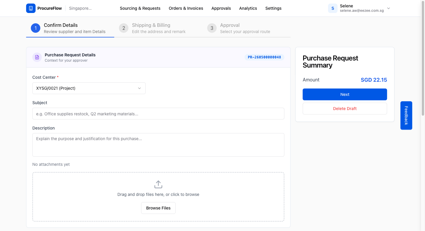 PR creation wizard in ProcureFlow: Cost Center pre-filled, add Subject and Description