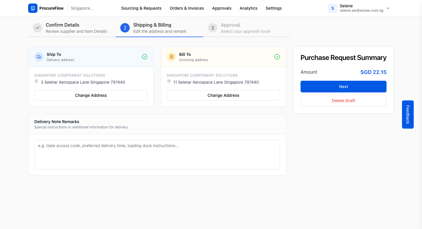 Shipping & Billing step: Ship To and Bill To addresses pre-filled, add delivery remarks if needed
