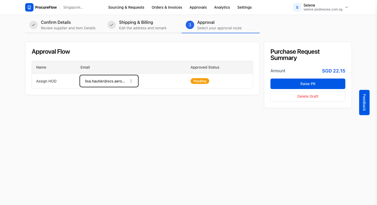 Approval step: approver selected, click Raise PR to submit