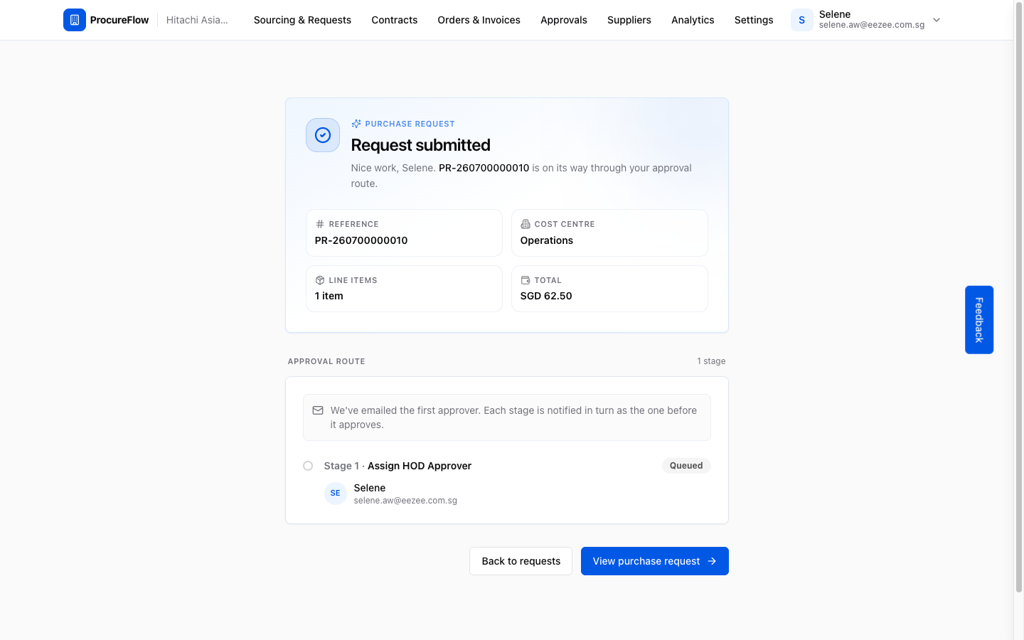 Purchase Request Submitted: email notification sent to approver