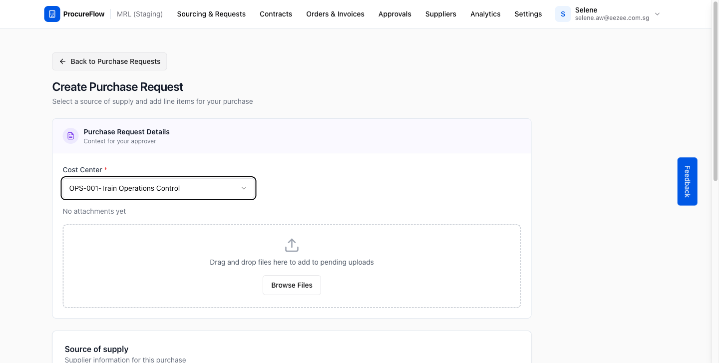 Step 3 – Cost center selected, form unlocked