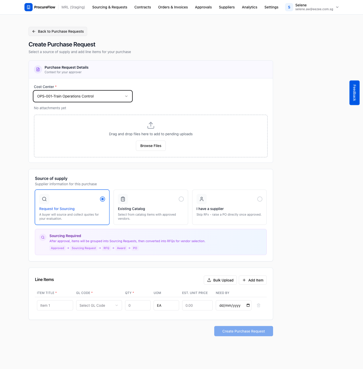 Step 4 – Request for Sourcing selected (default)