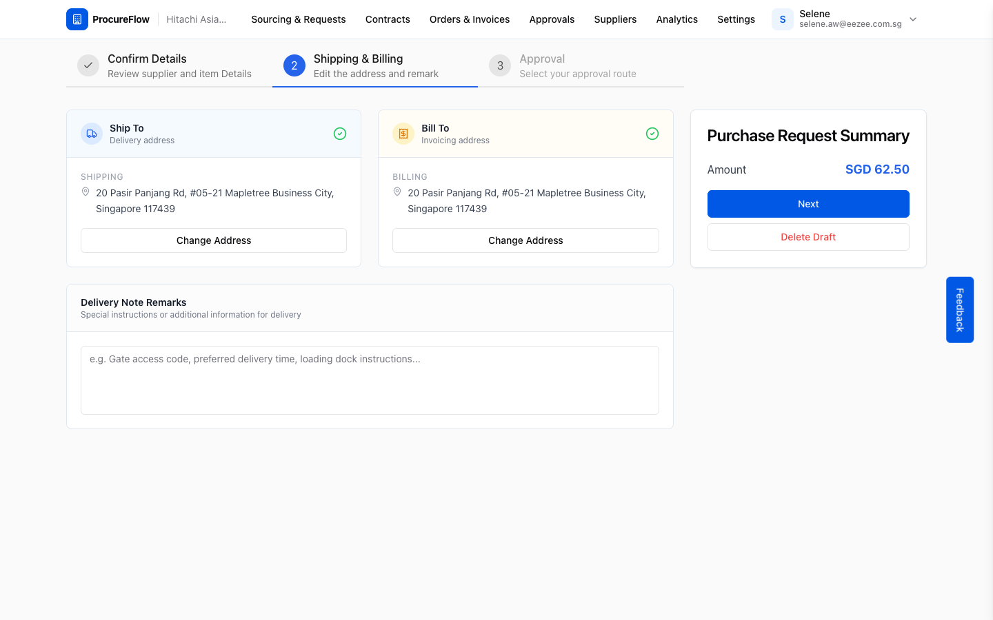 Step 7: Select delivery and billing addresses, then click Next.