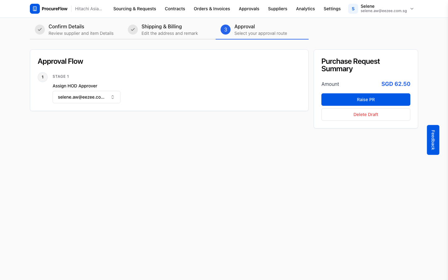 Step 8c: With approvers assigned, click “Raise PR” to submit.