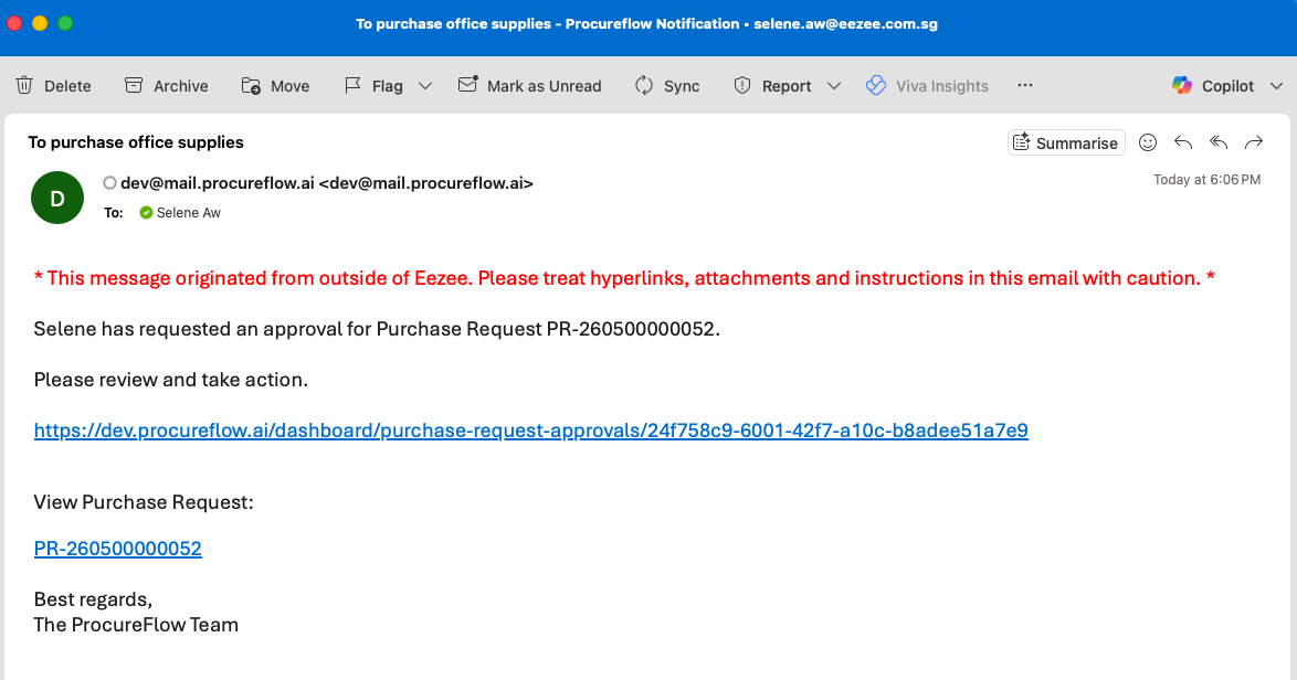 ProcureFlow notification email: click the approval link to go directly to the PR approval page