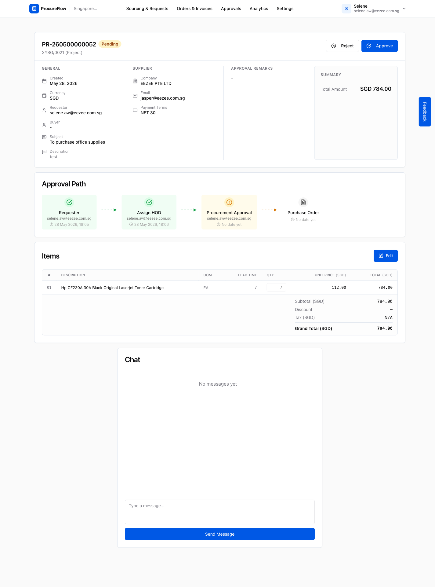 PR approval detail: full PR info with Reject and Approve action buttons at top right