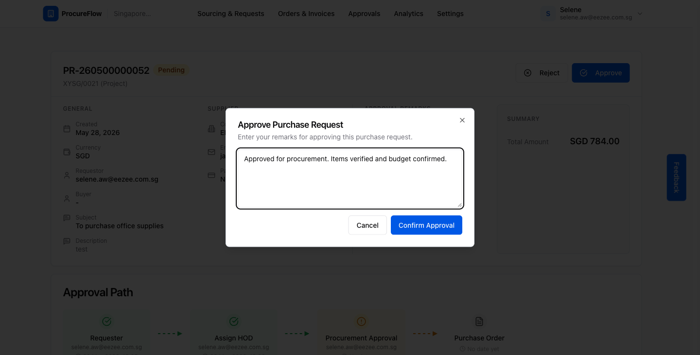 Approval dialog: enter remarks then click Confirm Approval to complete the step