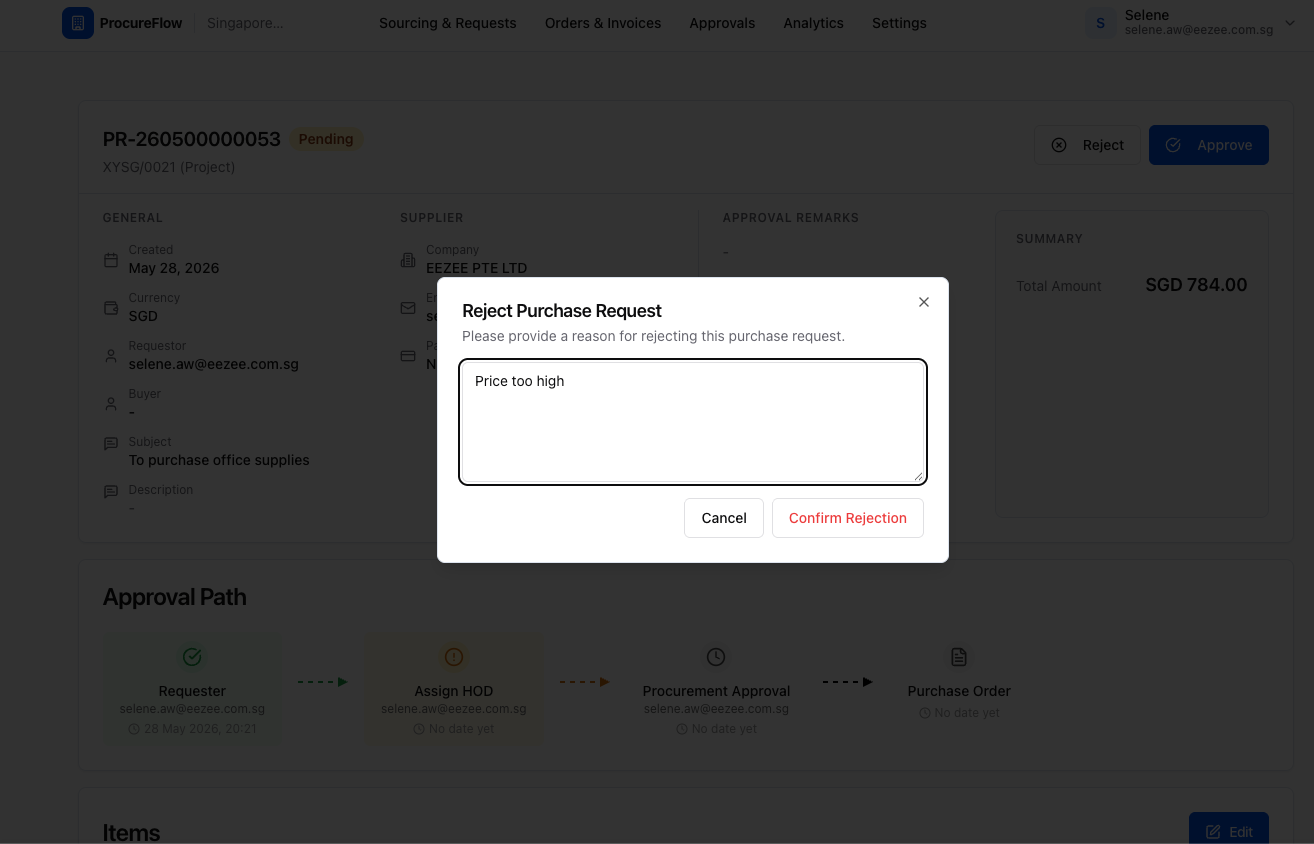 Reject Purchase Request dialog: enter a reason and click Confirm Rejection