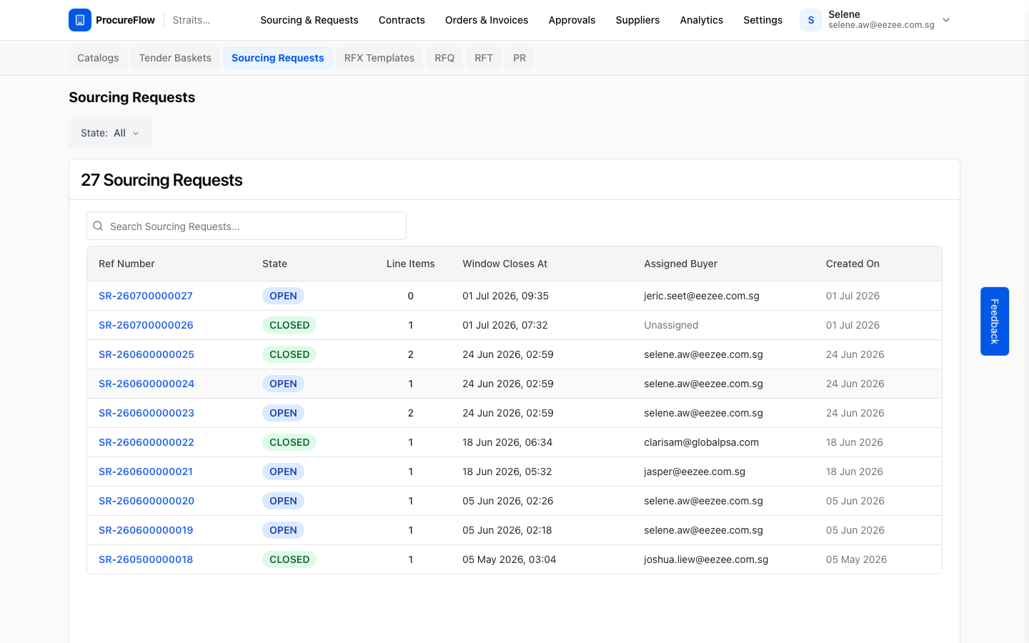 Step 1 – Sourcing Requests list showing ref numbers, state, line item count, and assigned buyer