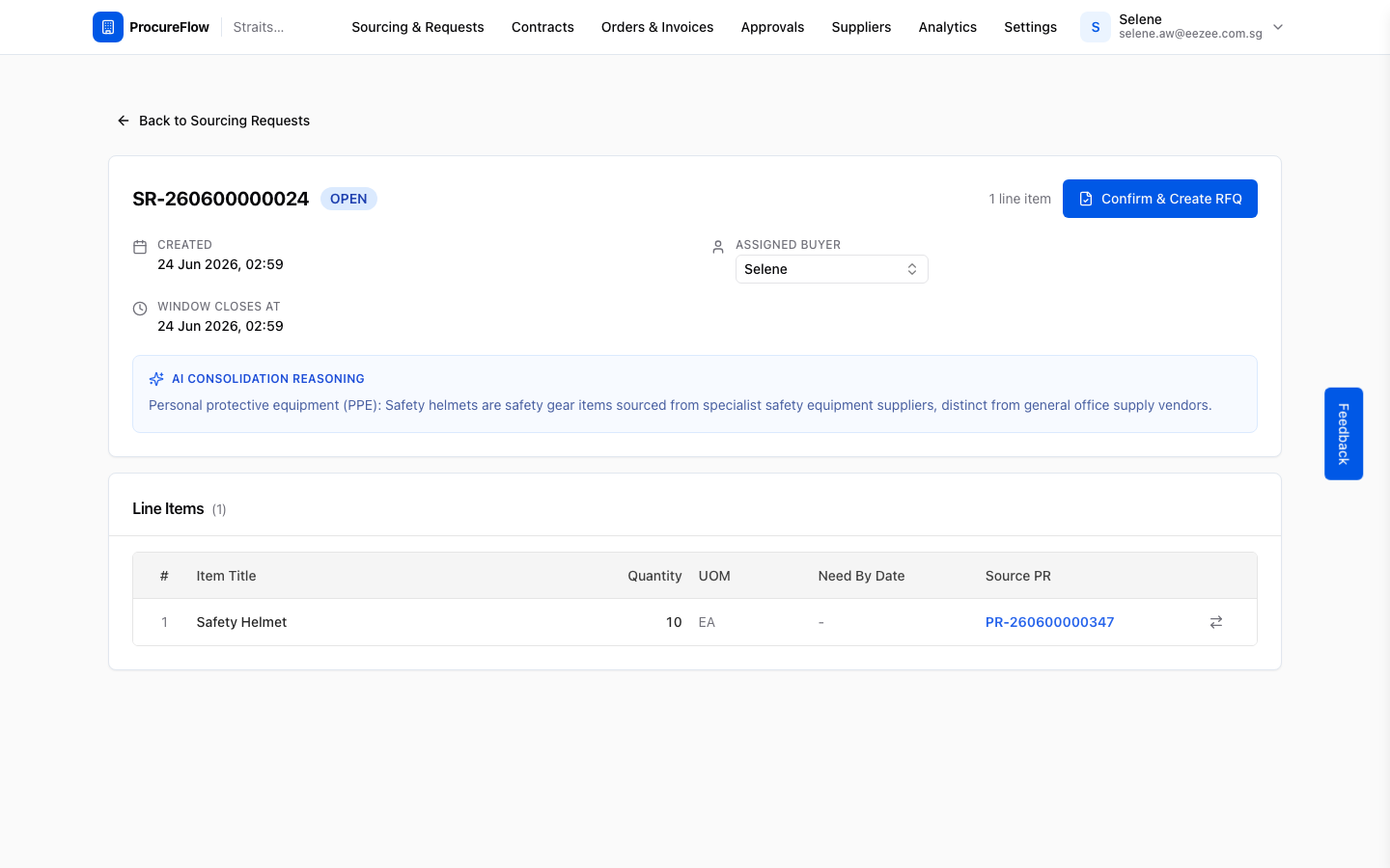 Step 2 – SR detail page for SR-260600000024 (OPEN, 1 line item)