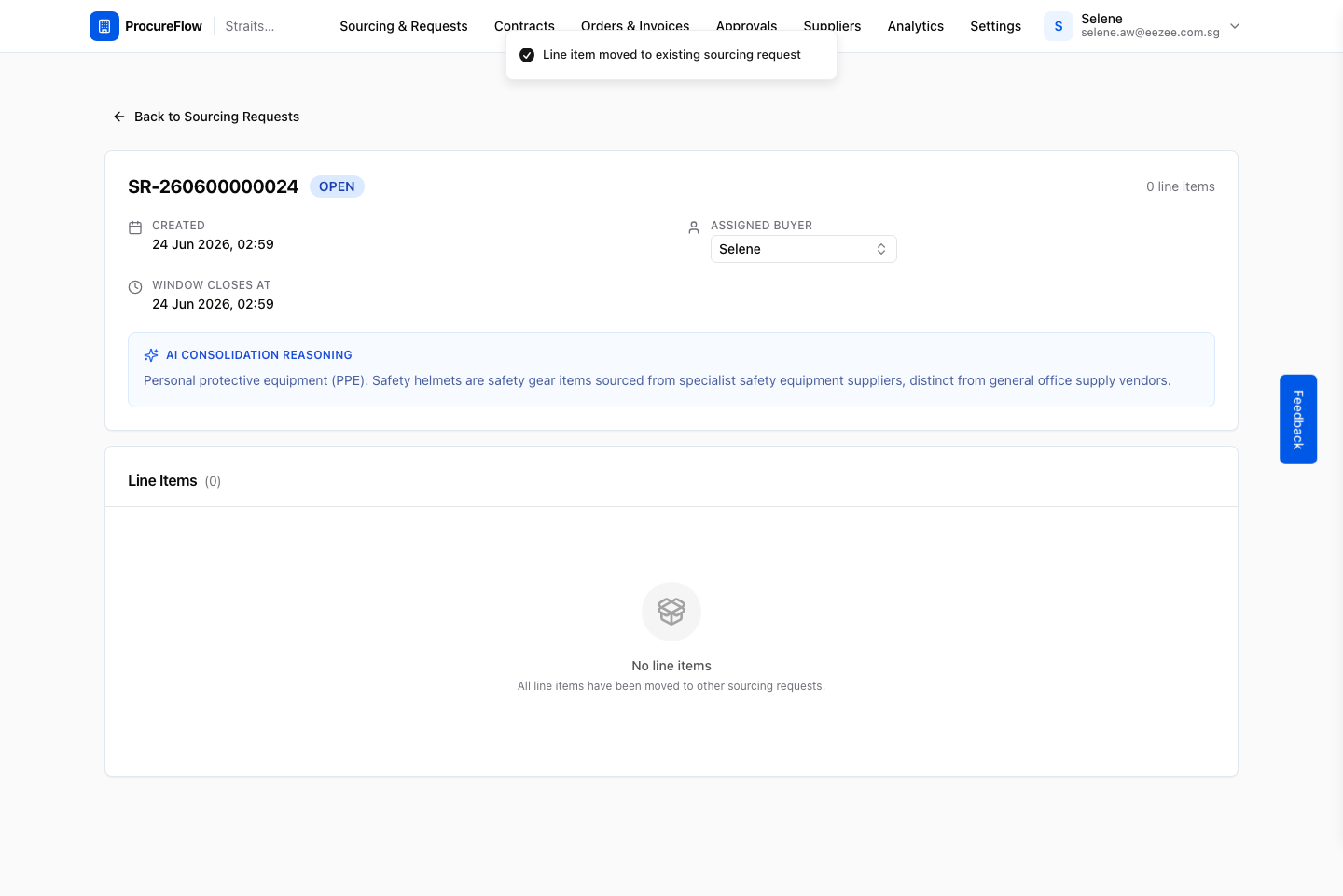 Step 5 – SR-260600000024 now shows 0 line items and a success toast confirms the move