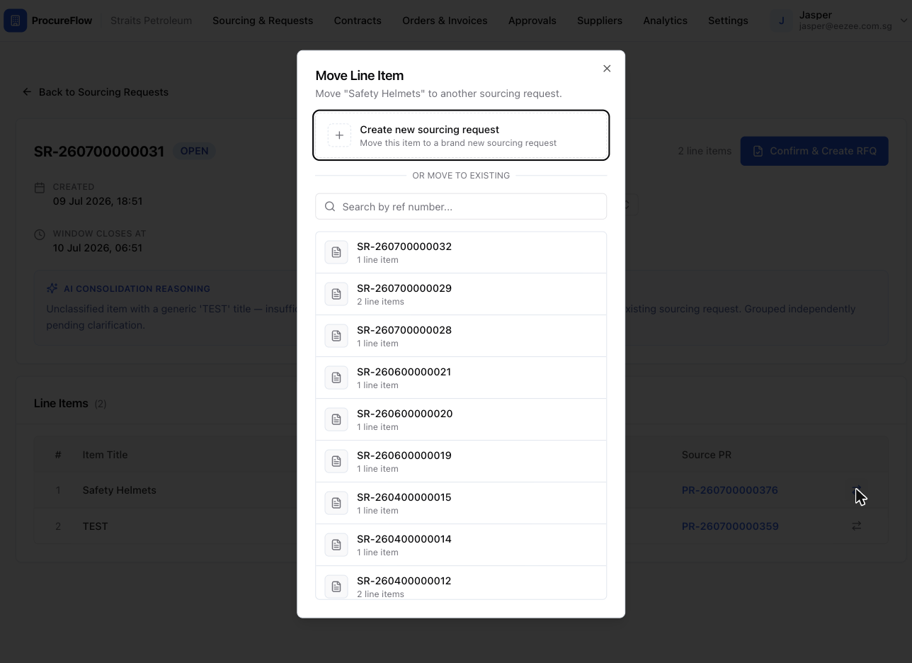Step 6 – Click "Create new sourcing request" at the top of the dialog to create a new SR for this line item