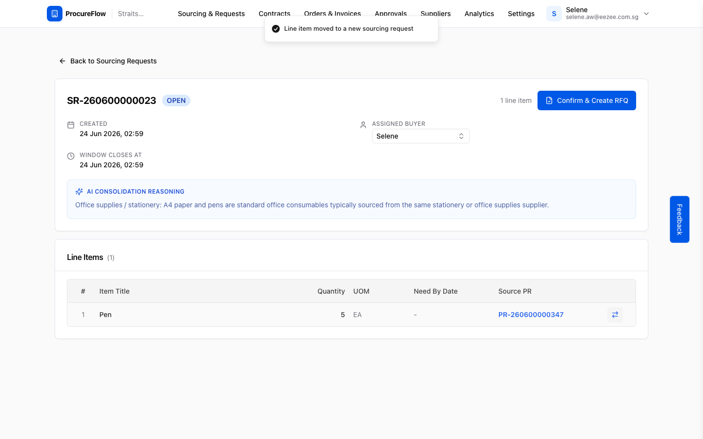 Step 7 – SR-260600000023 now has 1 line item remaining; the moved item was placed in a newly created sourcing request