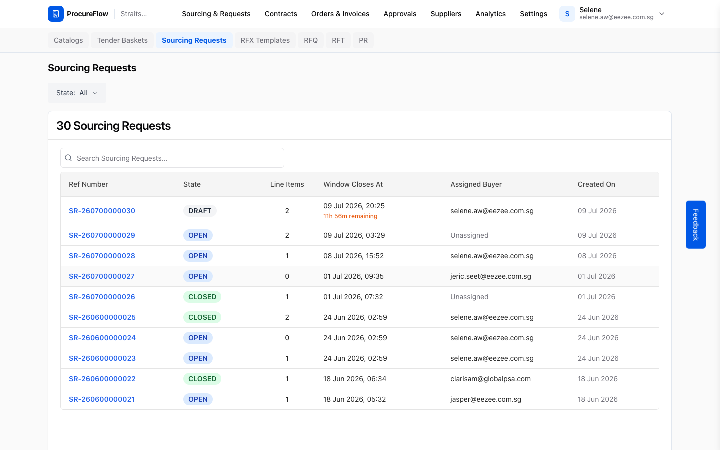 Step 1 – Sourcing Requests list showing OPEN and DRAFT requests