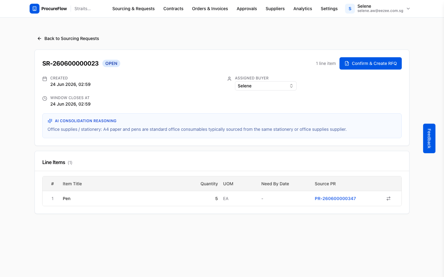 Step 2 – OPEN Sourcing Request showing header details and line items