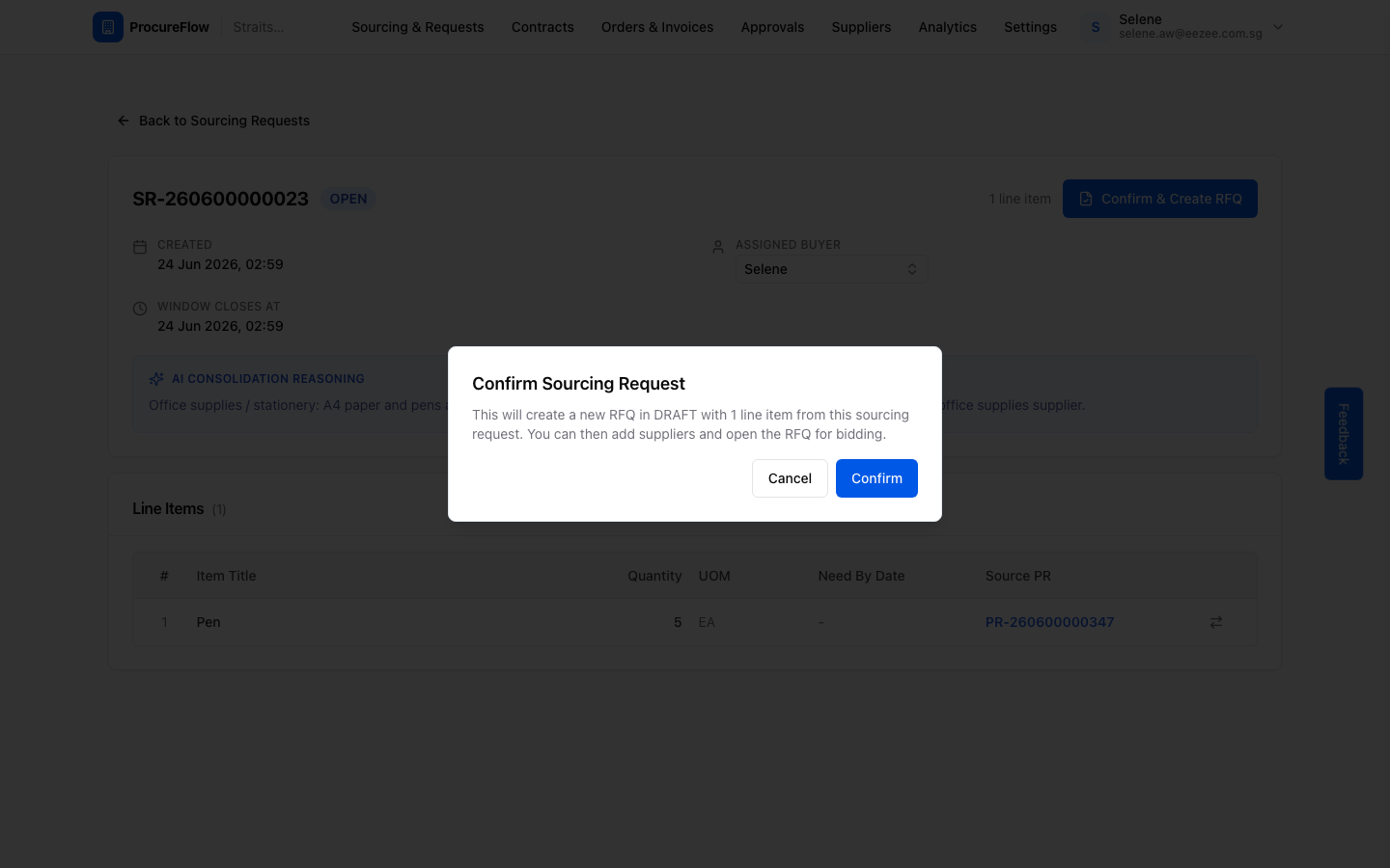 Step 3 – Confirmation dialog before creating the RFQ