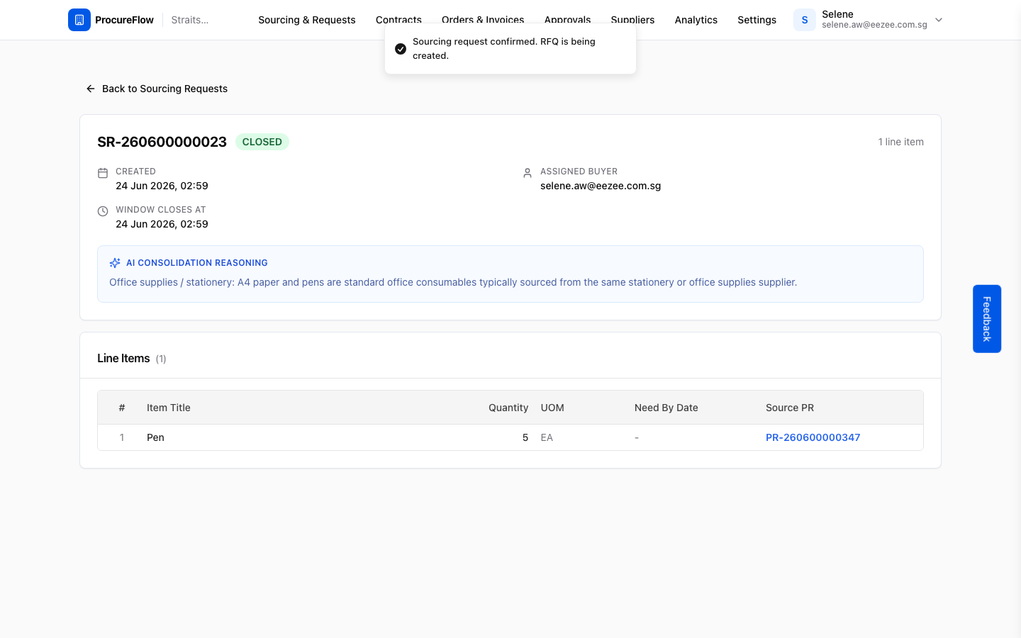 Step 4 – SR is now CLOSED; success toast confirms RFQ creation has started