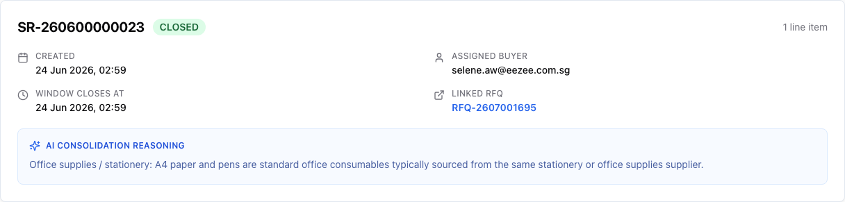 Step 5 – The closed SR header now shows the Linked RFQ reference