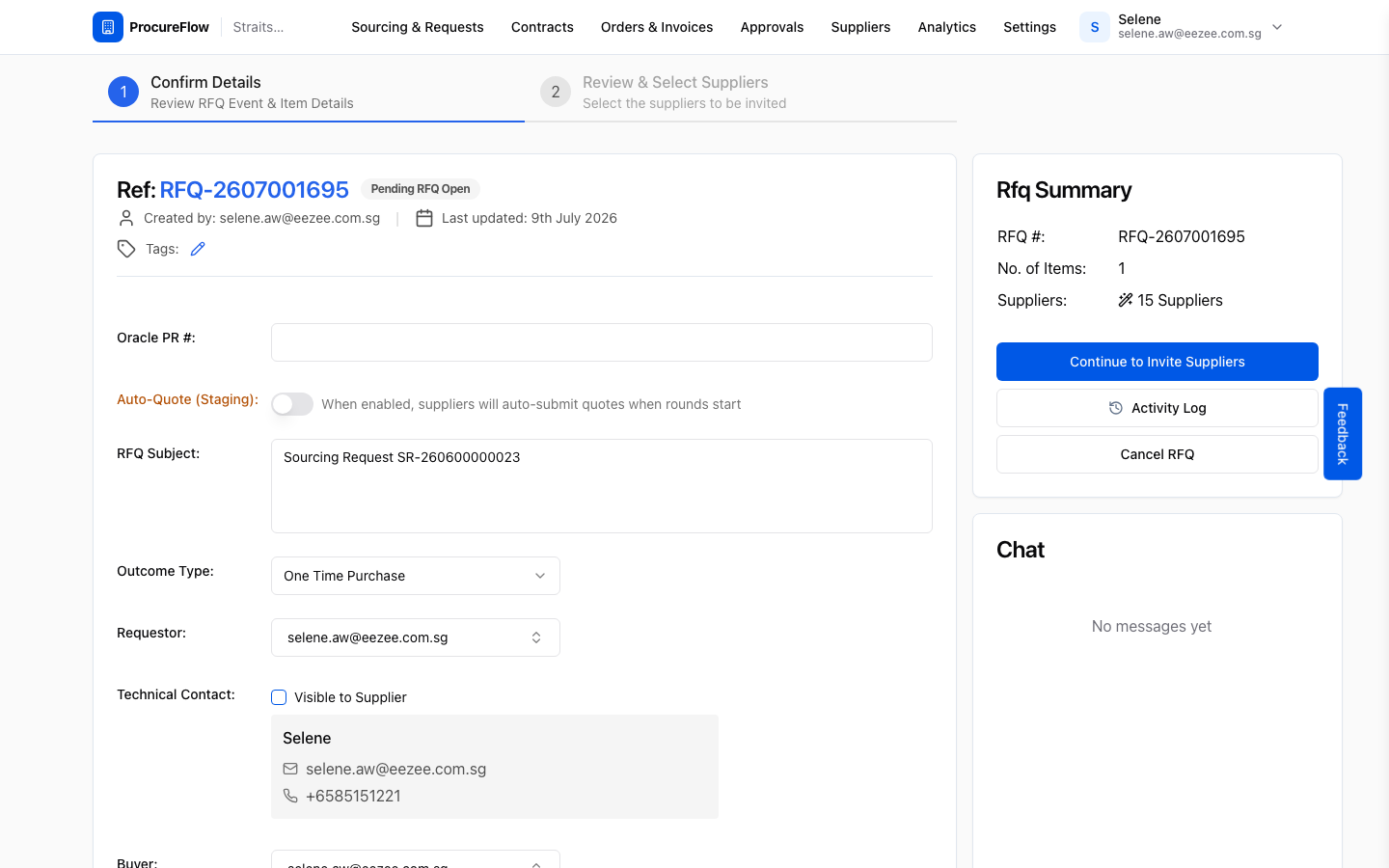 Step 6 – New draft RFQ pre-filled from the Sourcing Request