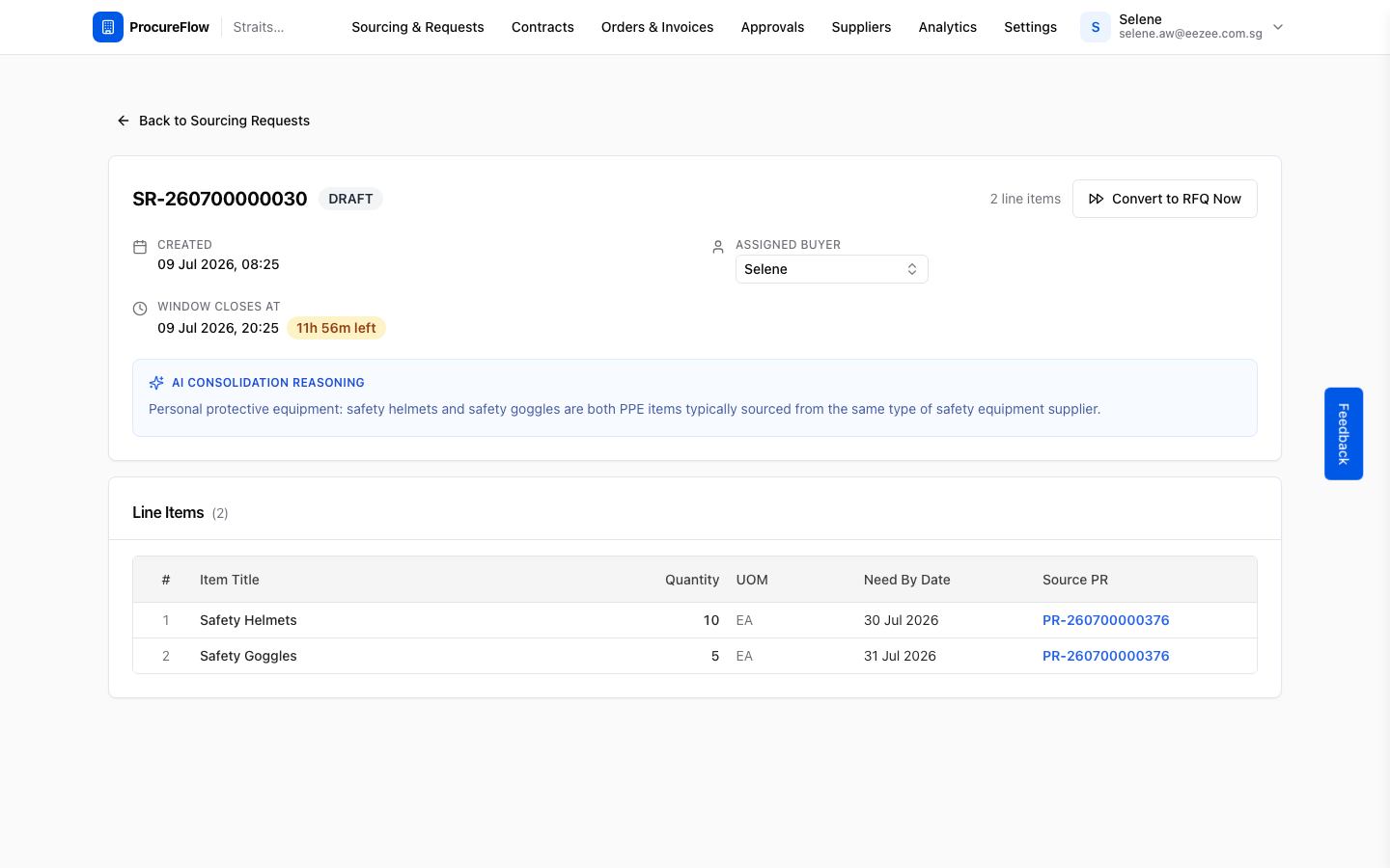 Step 7 – DRAFT Sourcing Request with the "Convert to RFQ Now" button