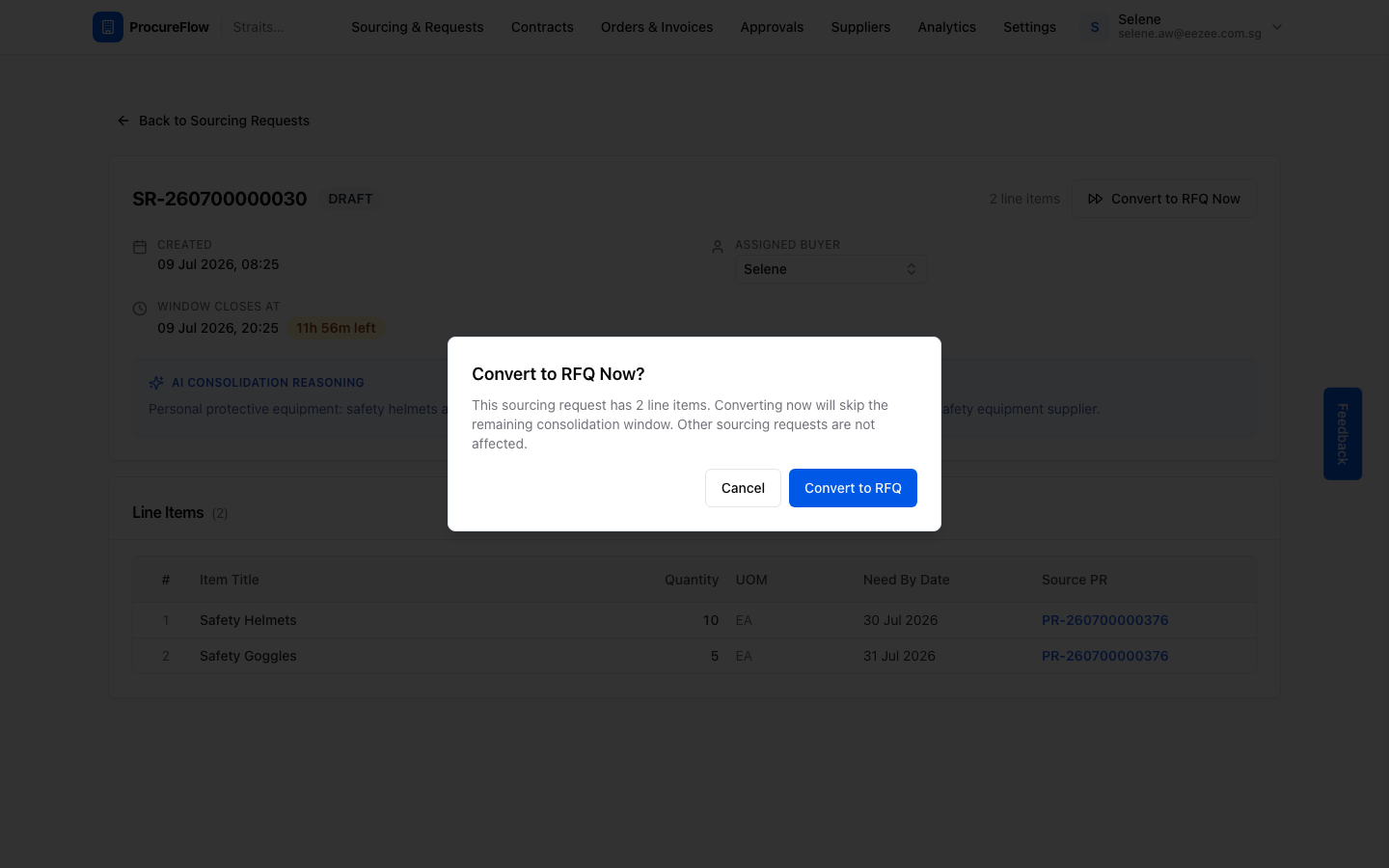Step 8 – "Convert to RFQ Now?" confirmation dialog