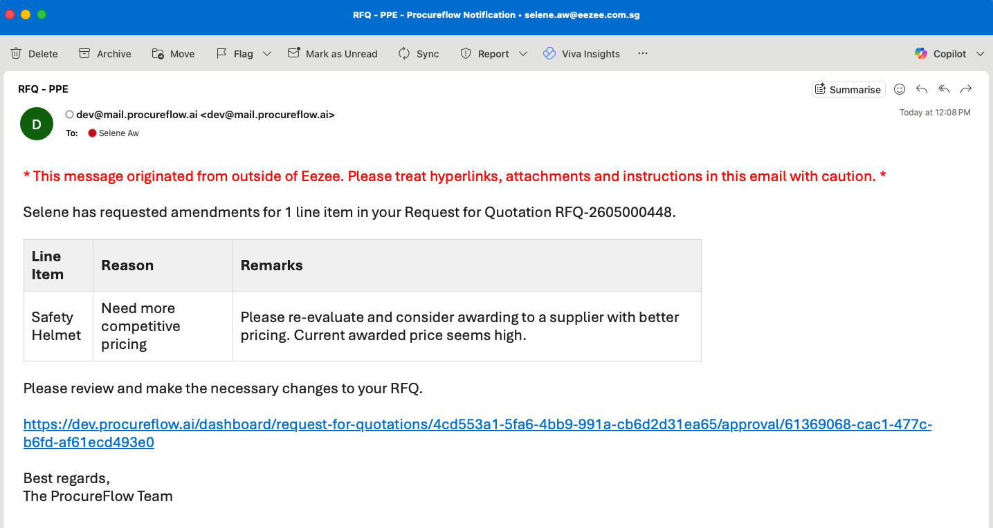 System email showing the amendment request: line item, reason, and remarks are listed. Click the link to open the RFQ evaluation.
