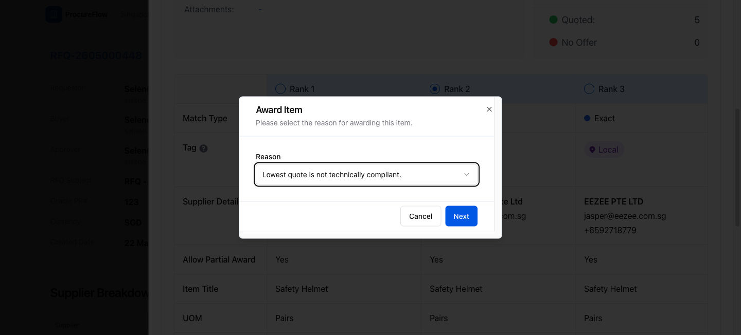Selecting Rank 2 with award reason dialog