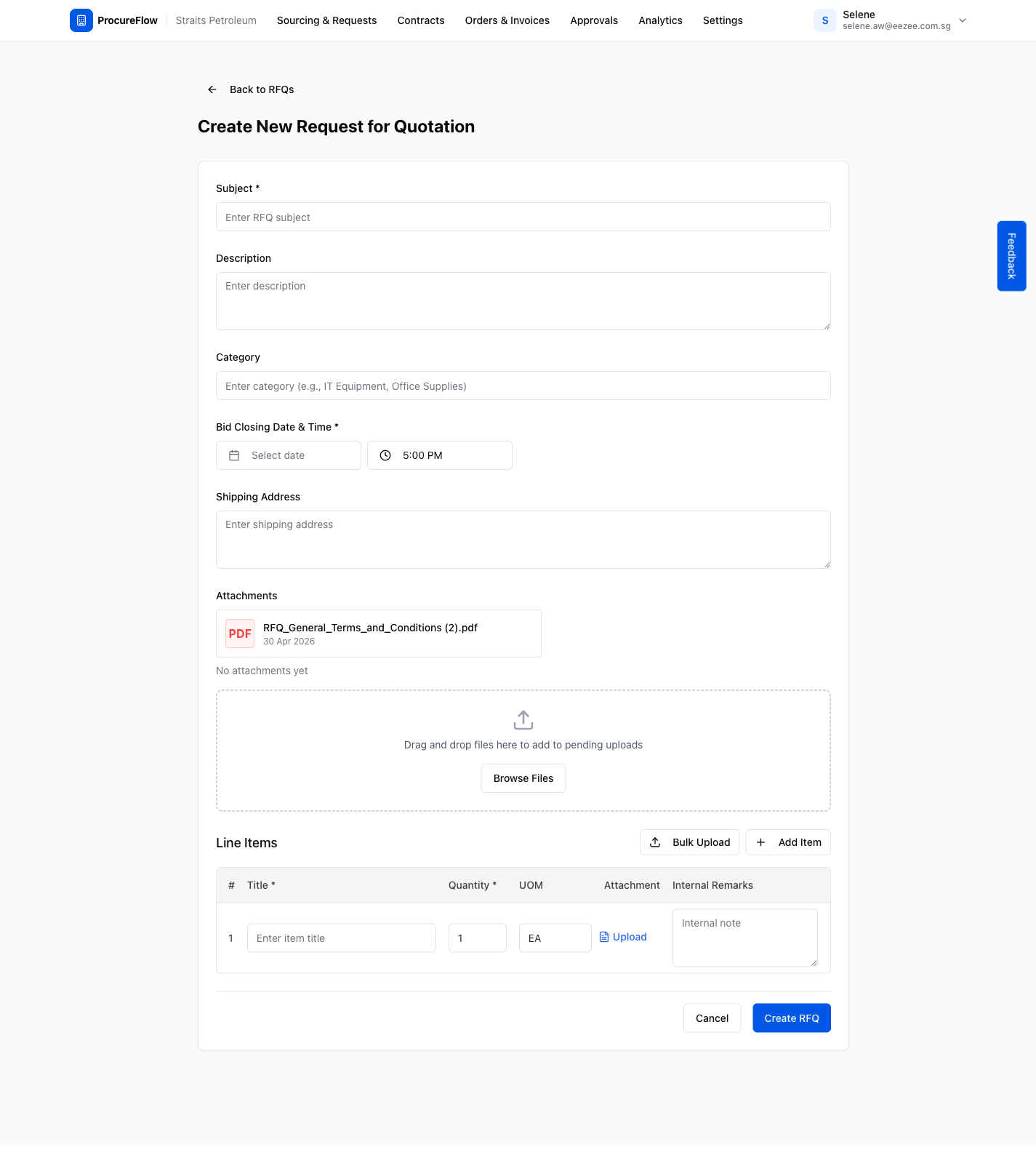 The blank Create RFQ form. Fields marked with * are required.