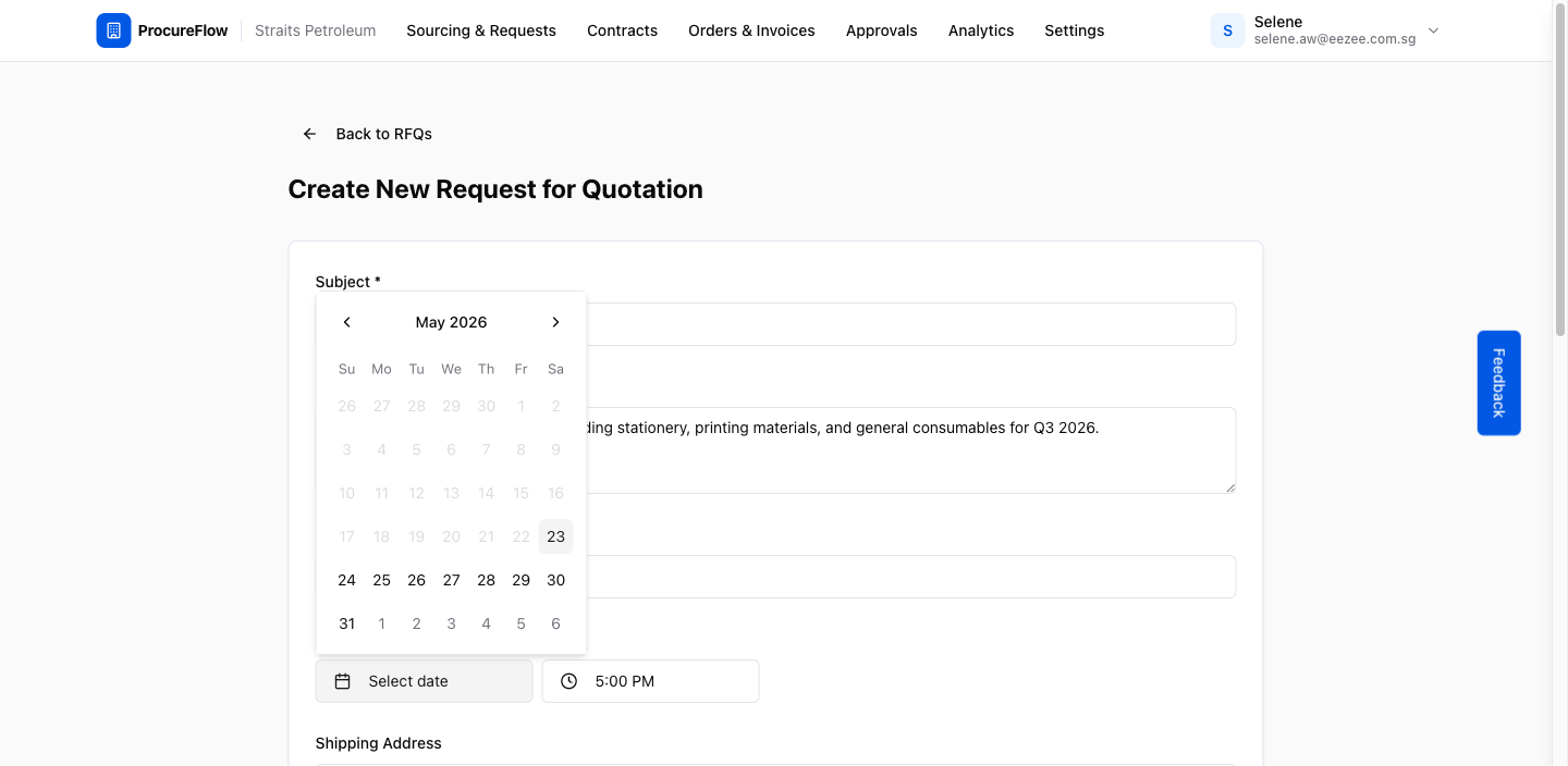 Click the calendar icon to open the date picker and select your bid closing date.